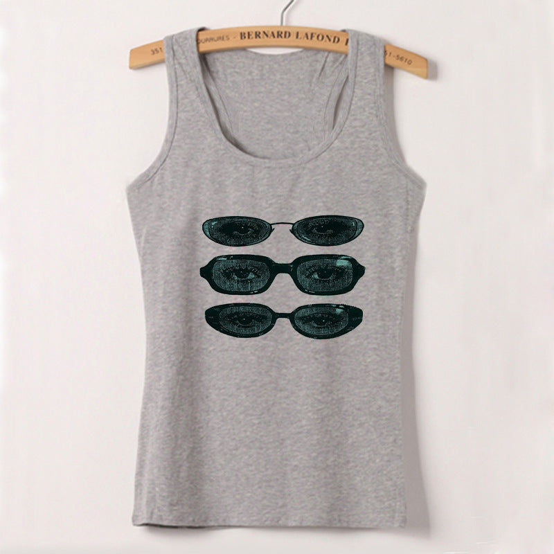 Dame ermeløs tanktop med kreativt brillemotiv Skjora