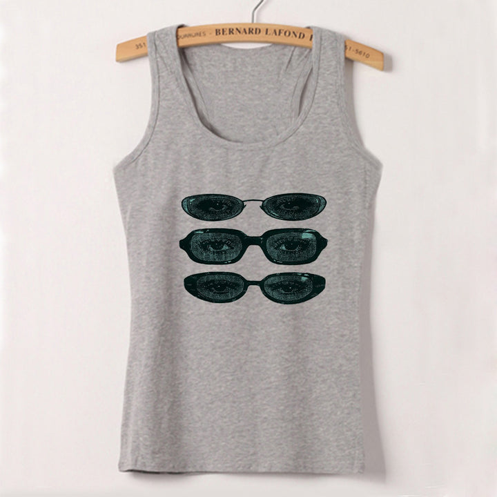 Dame ermeløs tanktop med kreativt brillemotiv Skjora