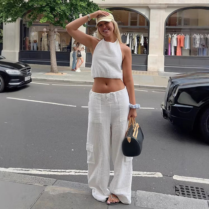 Dame uformell sett med crop-top og vide bukser Skjora