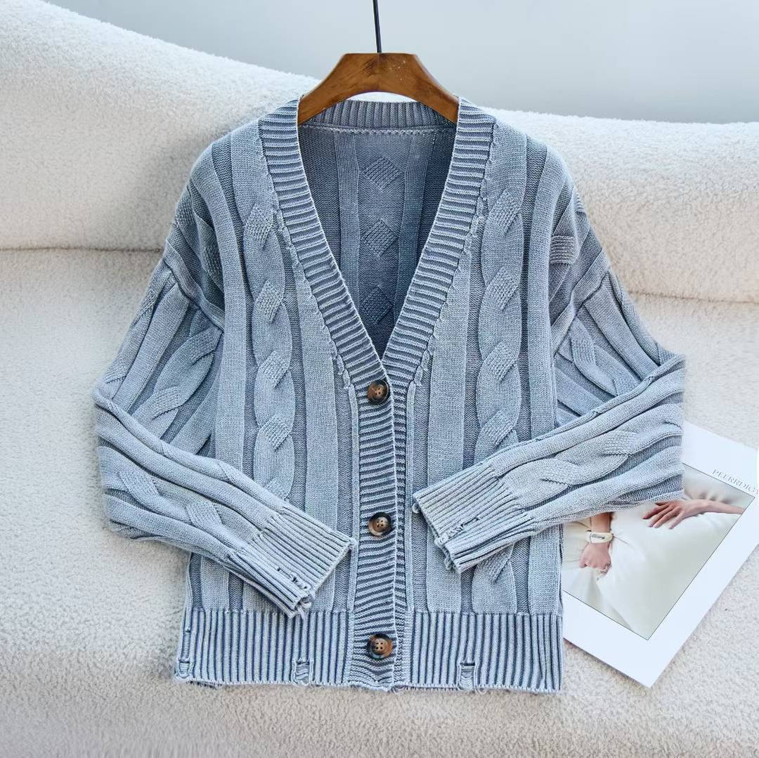 Damer chunky strikket cardigan med V-hals og dekorative knapper Skjora
