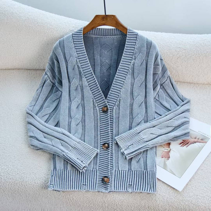 Damer chunky strikket cardigan med V-hals og dekorative knapper Skjora