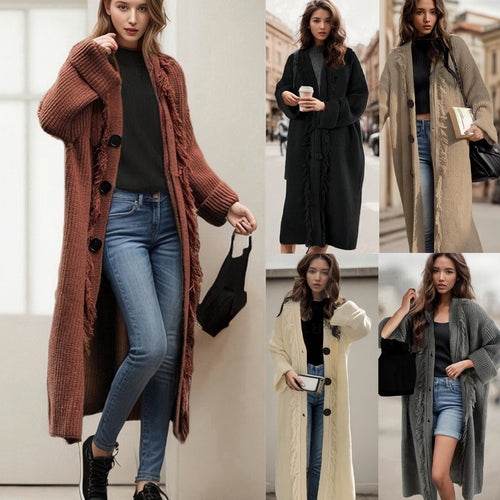 Dame chunky strikket cardigan med frynse-detaljer og stor knapppynt Skjora