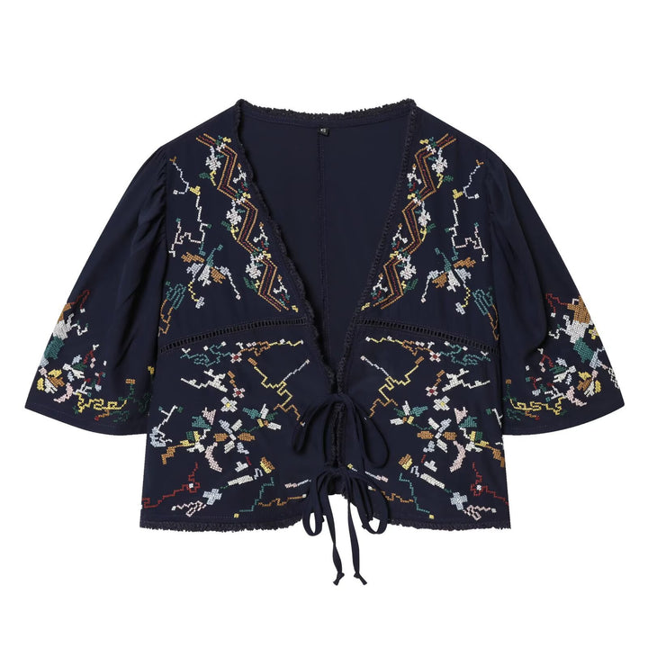 Dame Kort bluse kimono med kunstnerisk broderimønster og midjebånd Skjora