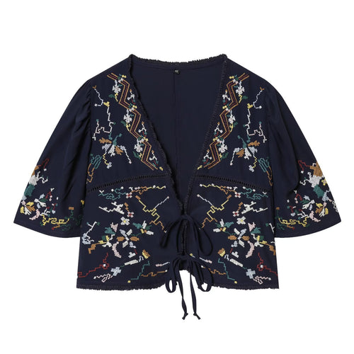Dame Kort bluse kimono med kunstnerisk broderimønster og midjebånd Skjora
