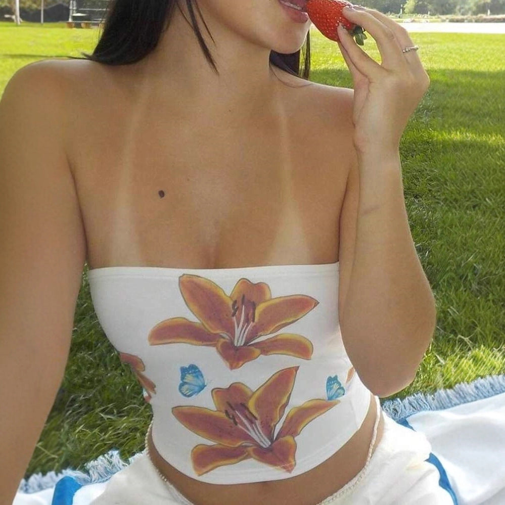 Dame Strapless Crop-Top med fargerikt blomsterdesign Skjora