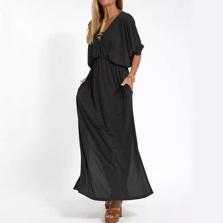 Kvinne elegant maxi kjole med sidesplit og fleksibel midje Skjora