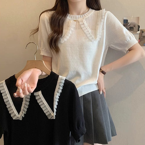 Kvinne Elegant Strikket Topp med Dekorativ Volangkant og Pustende Design