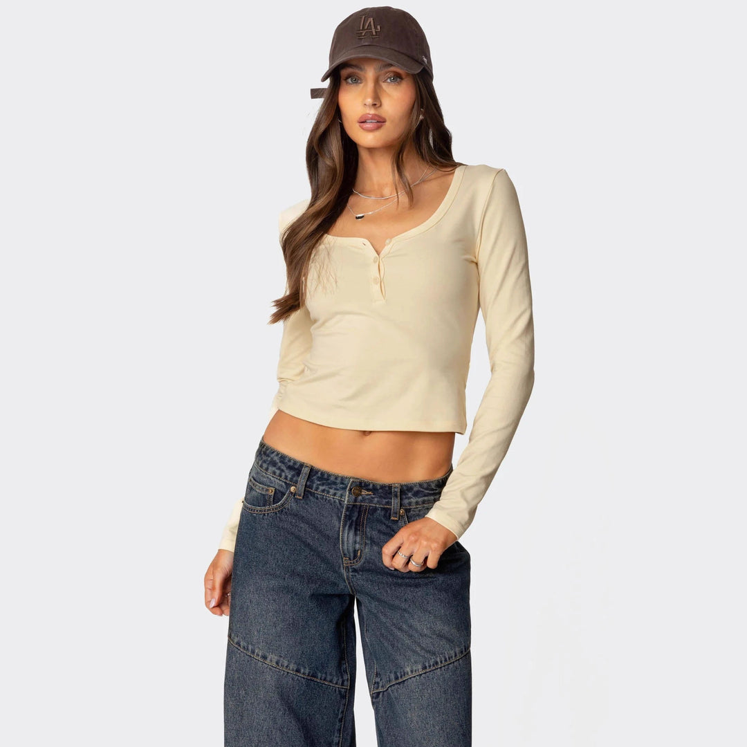 Damen Cropped Langarmhemd mit Knopfleiste und weichem Stoff Skjora