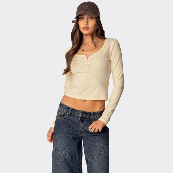 Damen Cropped Langarmhemd mit Knopfleiste und weichem Stoff Skjora