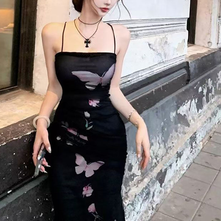 Dames elegant innhyse kjole med blomstret sommerfugl trykk og justerbare spagetti stropper