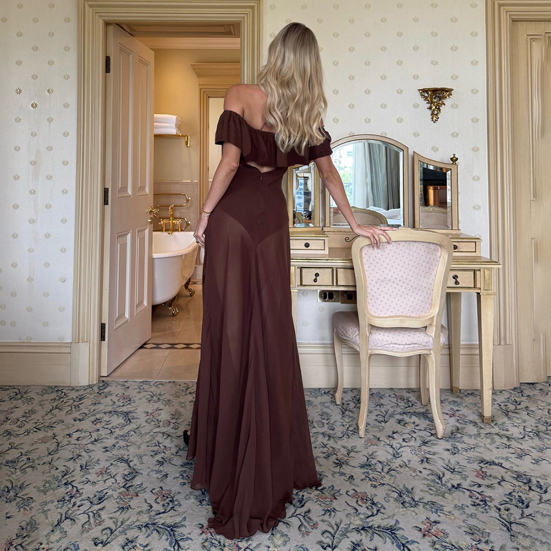 Dame Offshoulder Maxikjole med voluminøs volangkant Skjora