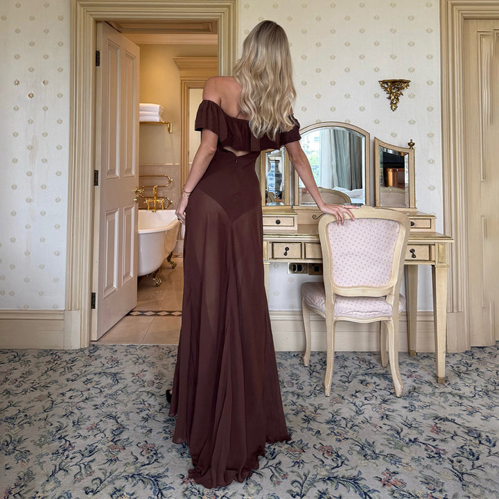 Dame Offshoulder Maxikjole med voluminøs volangkant Skjora