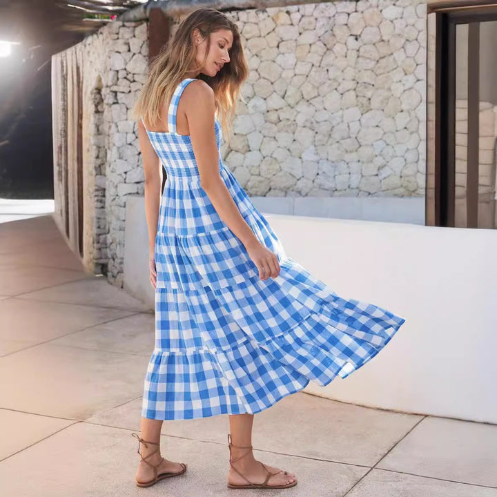 Damer Sommer Maxi Kjole med Rute Design og Stropper Skjora
