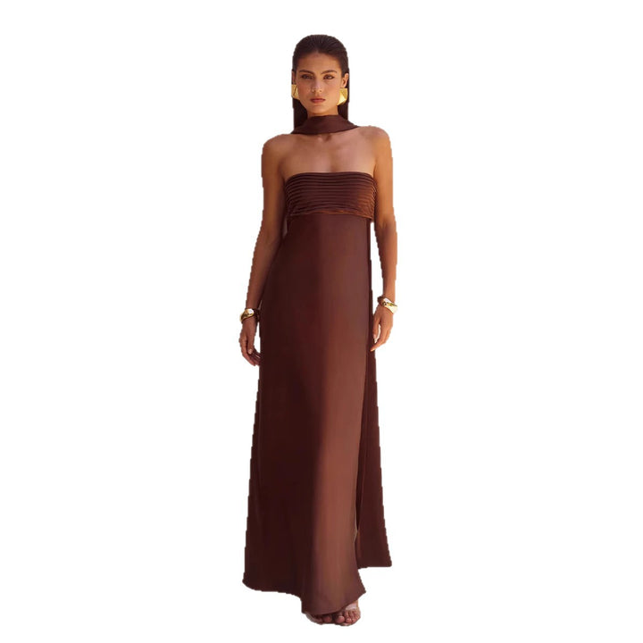 Kvinne Elegant Maxi Kjole med Avtagbar Skuldre Design og Slank Topp