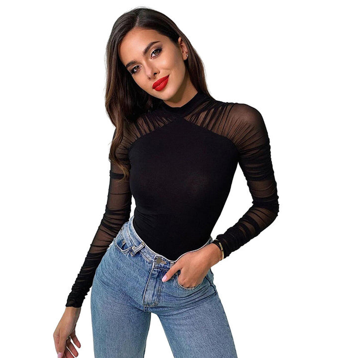 Women's Elegant Bodysuit with Sheer Sleeves and Special Draping Skjora