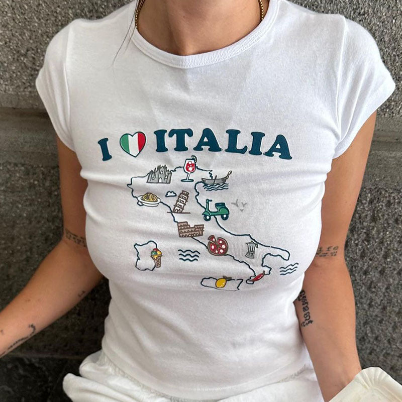 Dame cropped T-shirt med kreativt trykk og komfortabel rund halsutskjæring Skjora