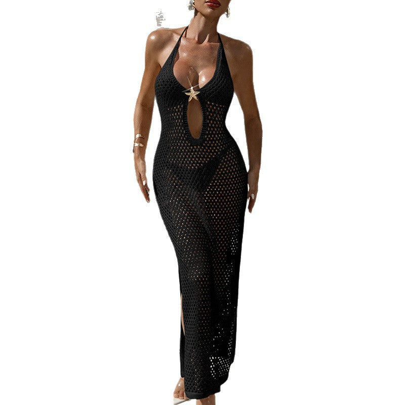 Damen Häkel-Strandkleid mit schickem Lochmuster und tiefem V-Ausschnitt Skjora