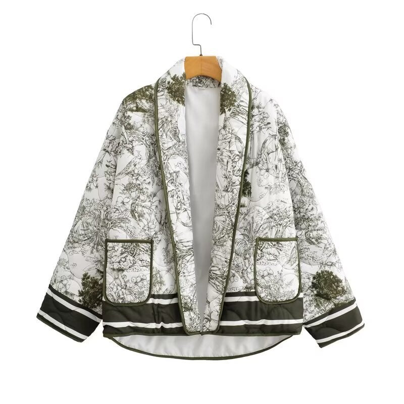 Kvinnens mønstrede pufferjakke med elegante lommer og moderne design Skjora