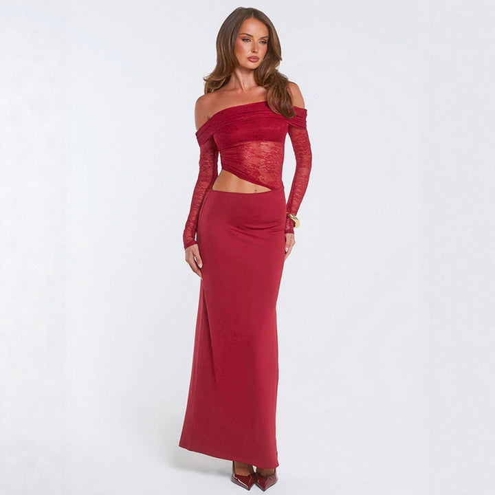 Dame elegant Off-Shoulder maxikjole med asymmetrisk snitt og gjennomsiktig spiss Skjora