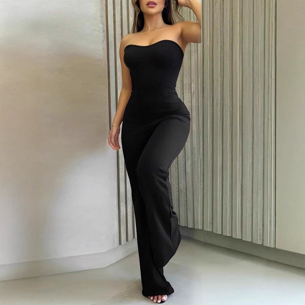 Damer figurvennlig jumpsuit med elegant bandeau-utrigning og vid bense