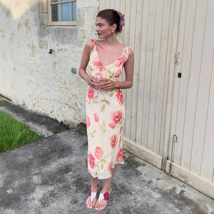 Dame Maxikjole med blomsterdesign og spaghetti-stropper Skjora