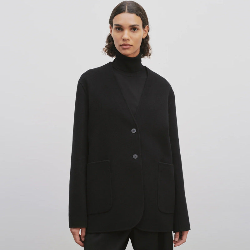 Dame elegant strikk blazer med stor revers og praktiske lommer Skjora