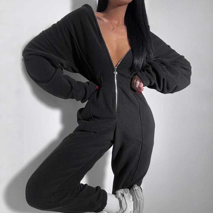 Damer koselig fleece jumpsuit med dyp V-hals og hel lengde glidelås Skjora