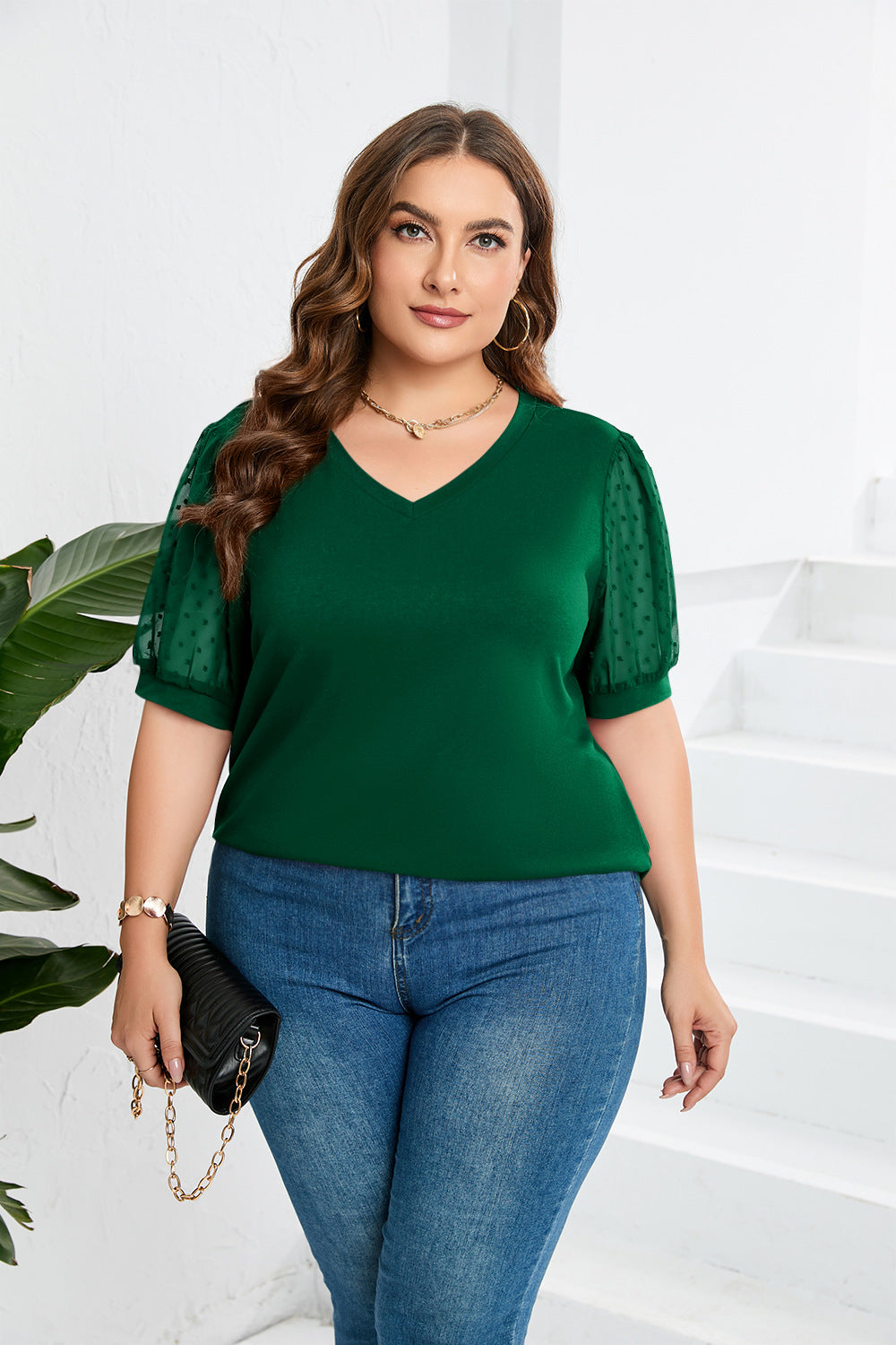 Dame elegant bluse skjorte med transparente puff ermer og V-hals Skjora