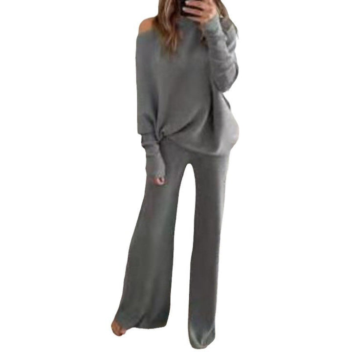 Kvinnes avslappet strikket loungewear sett med løs passform og av- skuldret topp Skjora