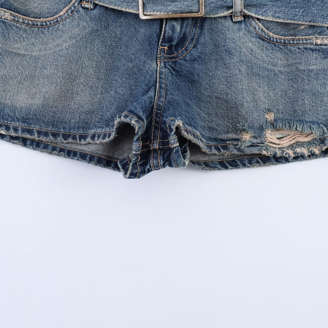 Dame moteriktig Destroyed Denim-Shorts med justerbart belte Skjora