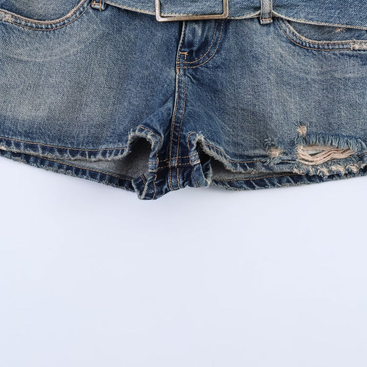 Dame moteriktig Destroyed Denim-Shorts med justerbart belte Skjora