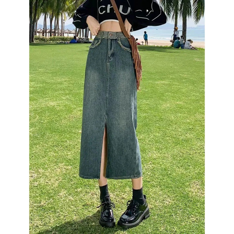 Women's Long Denim Skirt with High Slit Shredded