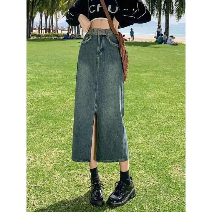 Women's Long Denim Skirt with High Slit Shredded