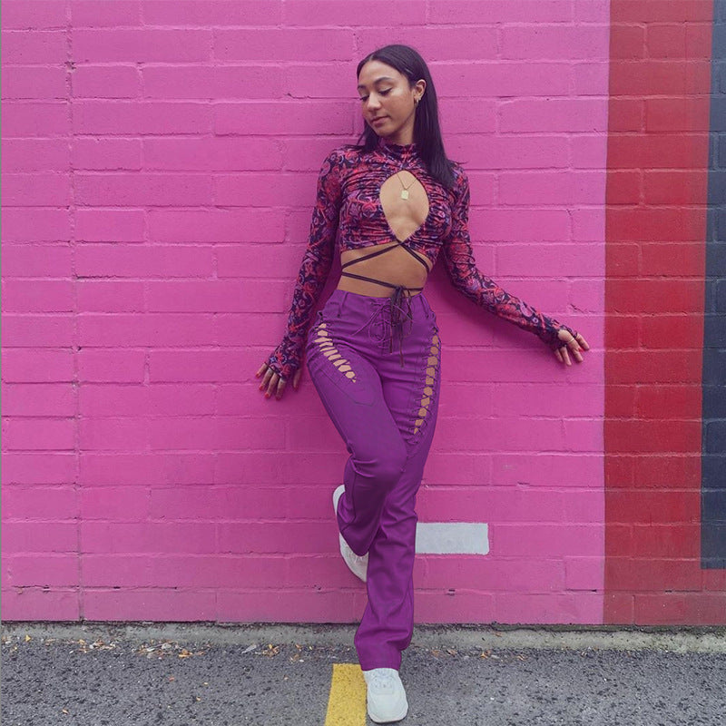 Dame Crop-Top med innovativt cut-out-design og lange ermer Skjora
