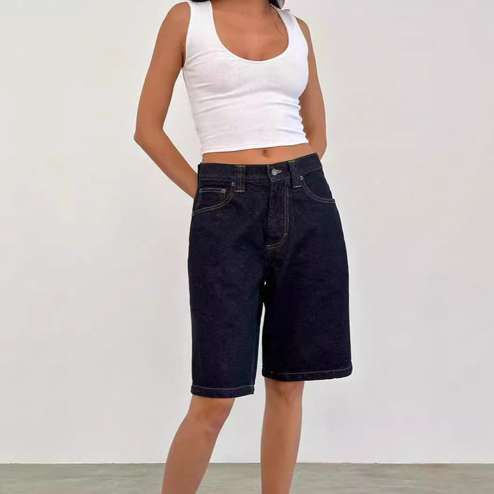 Dame casual denim shorts med vid passform og høye sidelommer Skjora