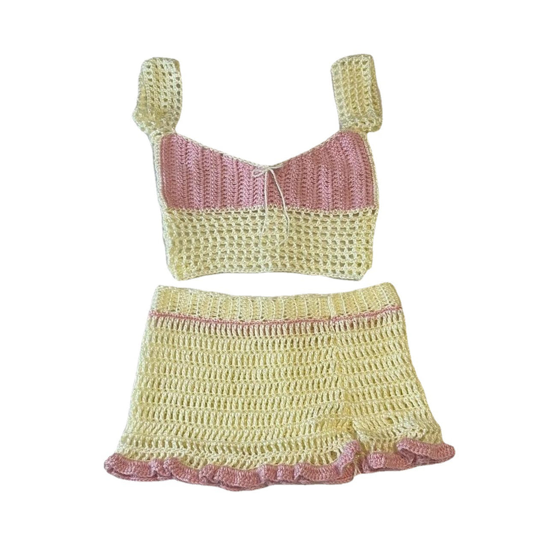 Dame heklet Crop-Top og miniskjørt-sett med snøringdetaljer Skjora