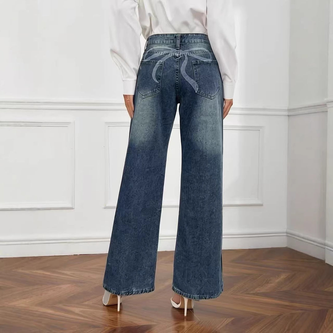 Dame brede høy midje jeans med unik tekstur Skjora