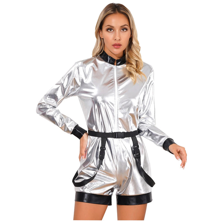 Damer Futuristisk Glans-Jumpsuit med glidelås og avtakbart belte Skjora