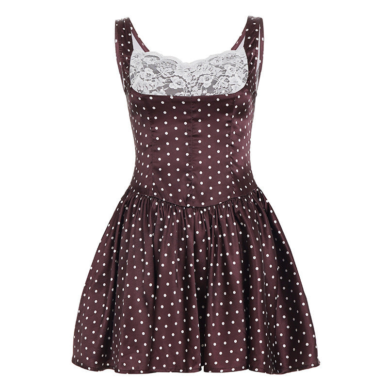 Dame Retro Polka-Prikket Kjole med Spets-Overlay Skjora
