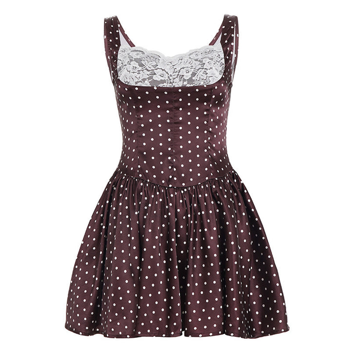Dame Retro Polka-Prikket Kjole med Spets-Overlay Skjora