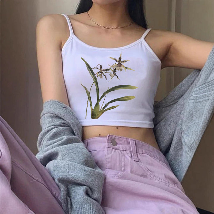 Women's Floral Pattern Crop Top with Thin Straps Skjora