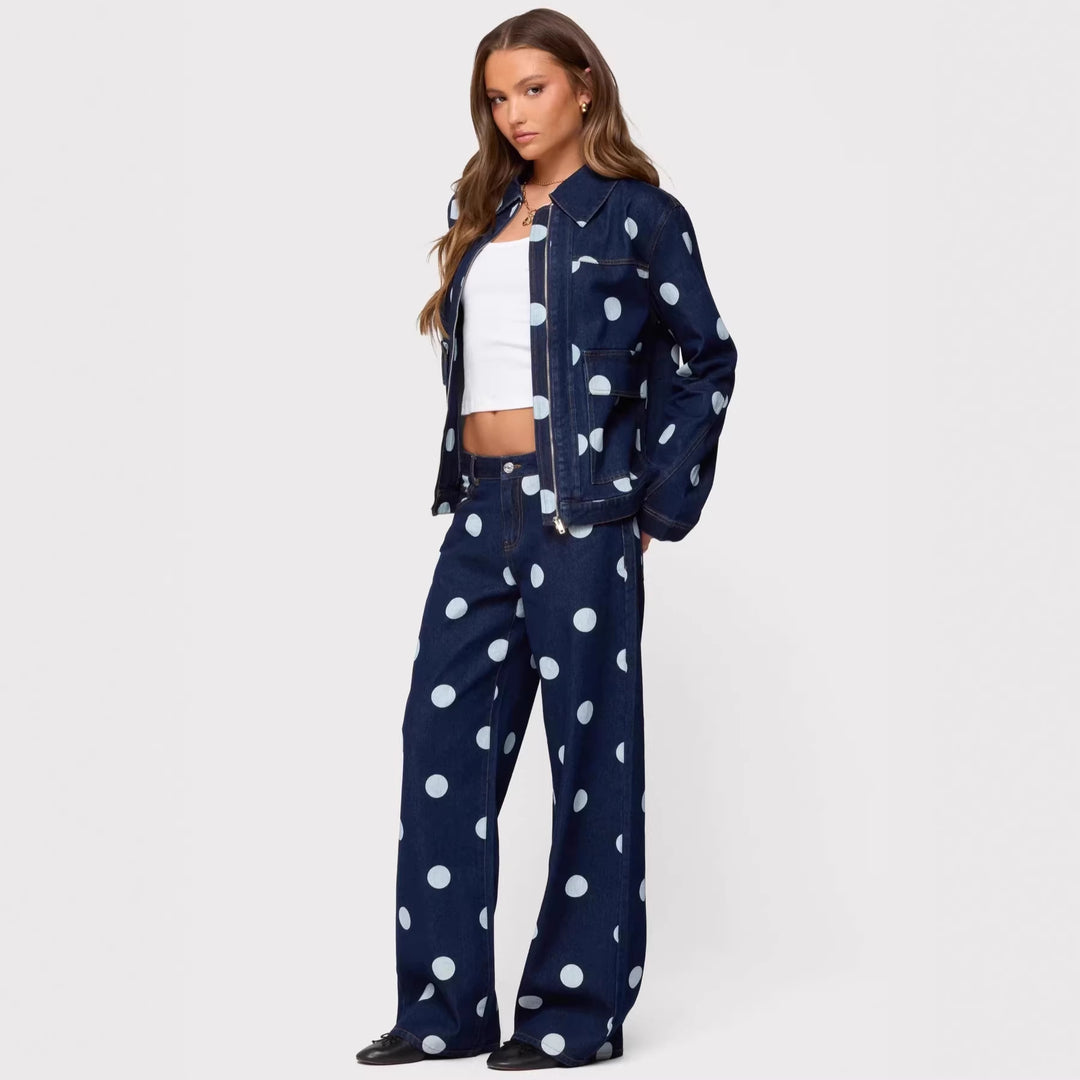 Dame Polka-Dot Denim-set med avslappet snitt og trendy detaljer Skjora