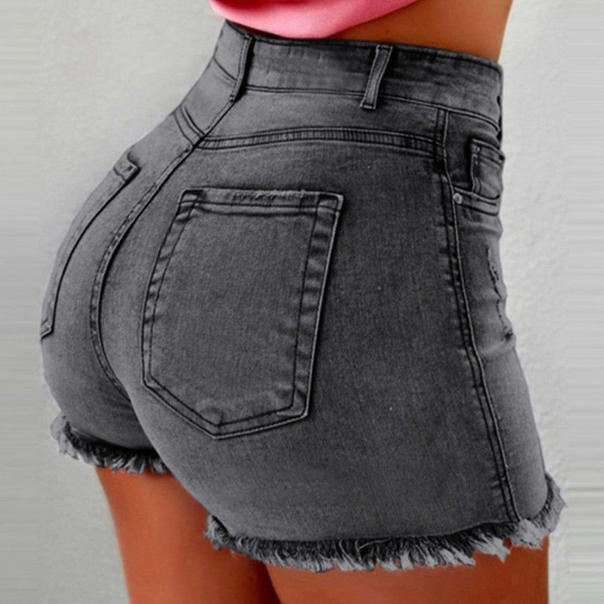 Dame høyt liv denim shorts med frynset søm Skjora