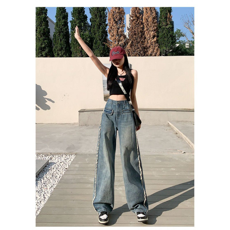 Kvinner Bred Cut Denim Jeans med Frynser og Høy Beina Skjora