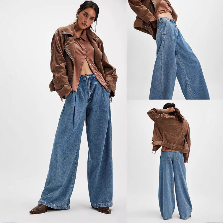 Dame Bredde Denim-Bukser med høy midje og avslappet silhuett Skjora