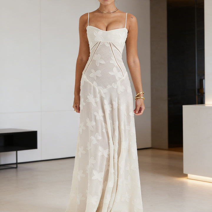 Women's elegant evening gown with floral print bodice and delicate spaghetti straps Skjora