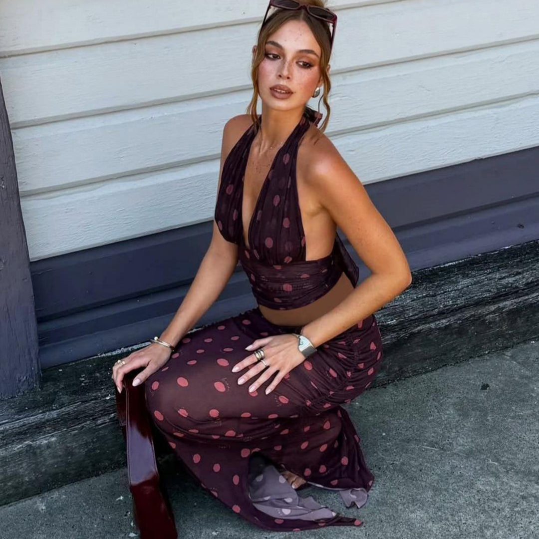 Damer Elegant Maxikjole i Polka-Dots Design med dyp V-hals og figursydd silhuett Skjora