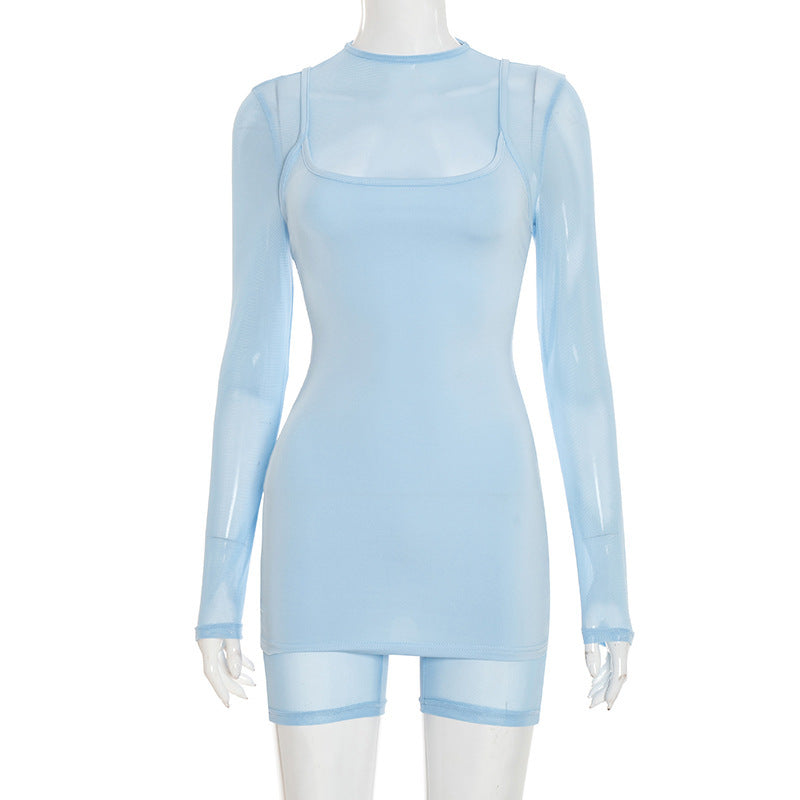 Ladies body-hugging long-sleeved overall with transparent sleeves and figure-shaping cut Skjora