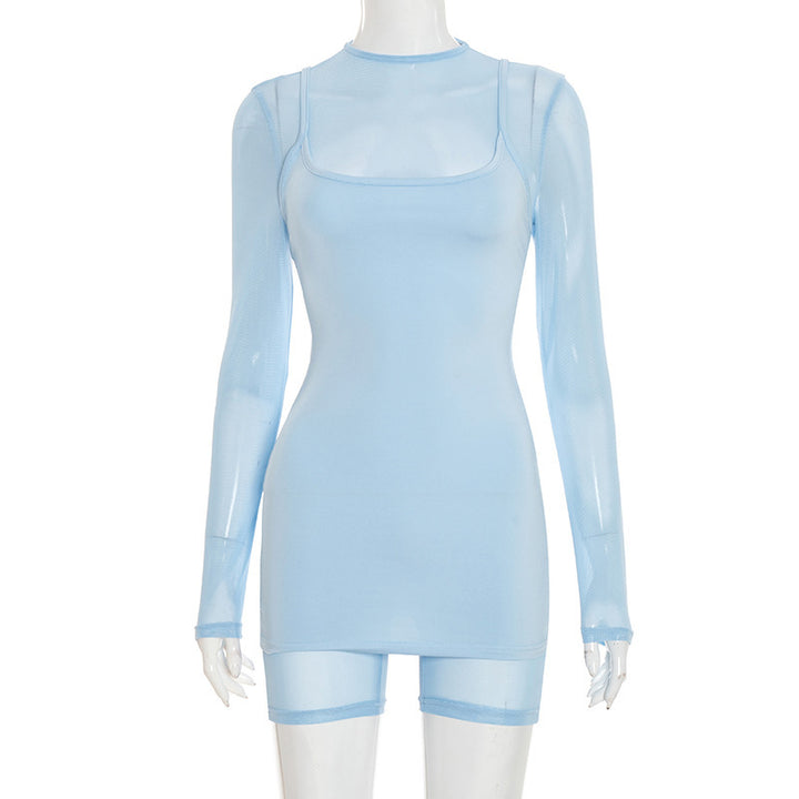 Ladies body-hugging long-sleeved overall with transparent sleeves and figure-shaping cut Skjora