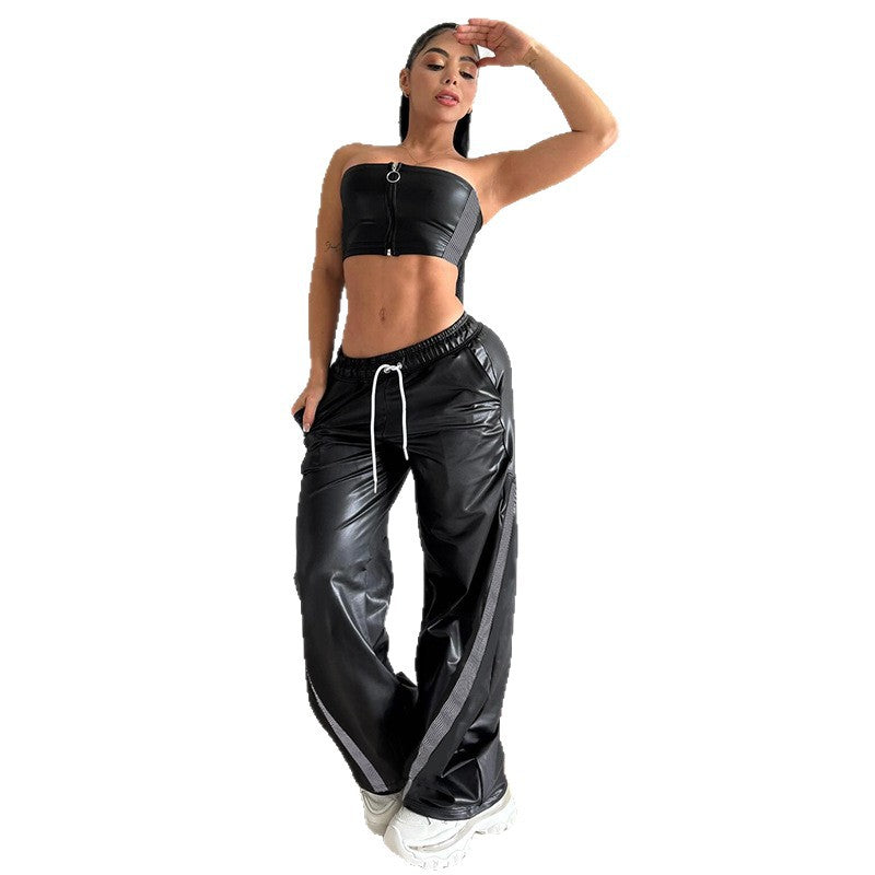 Dame Sporty Wide-Leg Bukse med elastisk linning og stilige striper Skjora